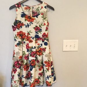 Everly beige & floral pleated fit and flair dress